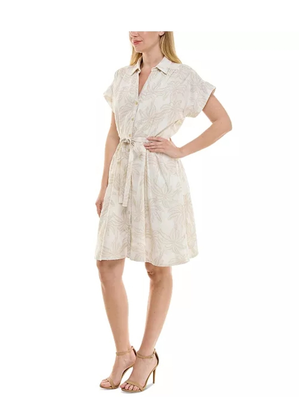 Taylor Beige Palm-Print Button closure shirt Dress fully lined size 10 NWTS